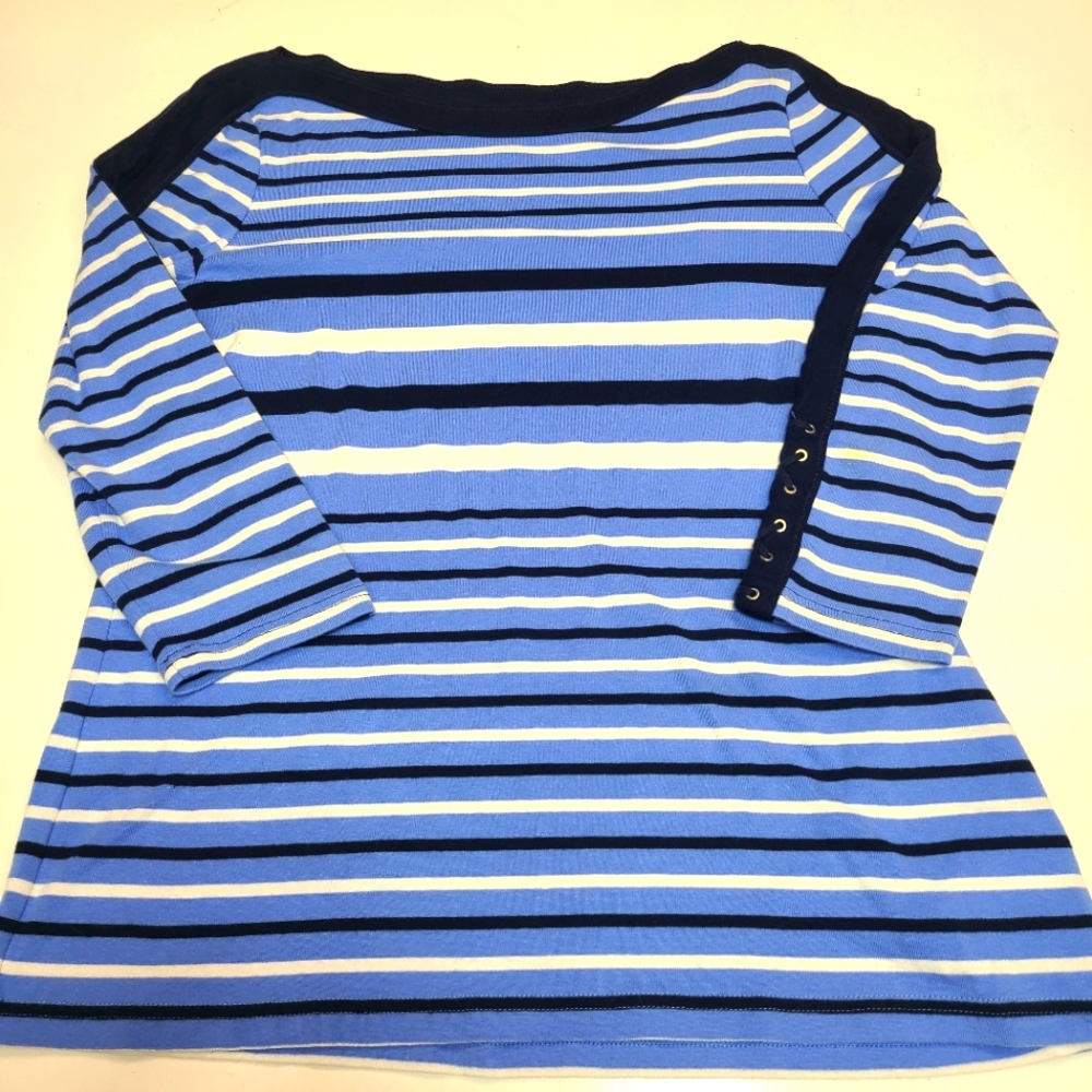 Chaps Blue Striped Plus Size 3/4 Sleeve Boatneck Top Shirt Size XL